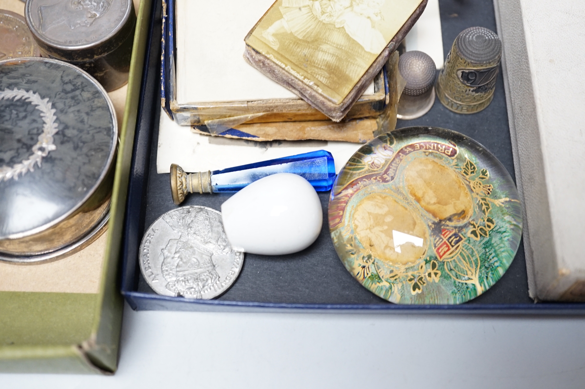 Objects including Edward VII commemorative prayer book, silver mounted box and miniature crown, boxed thimbles and two coin inset boxes, the largest 11cm wide